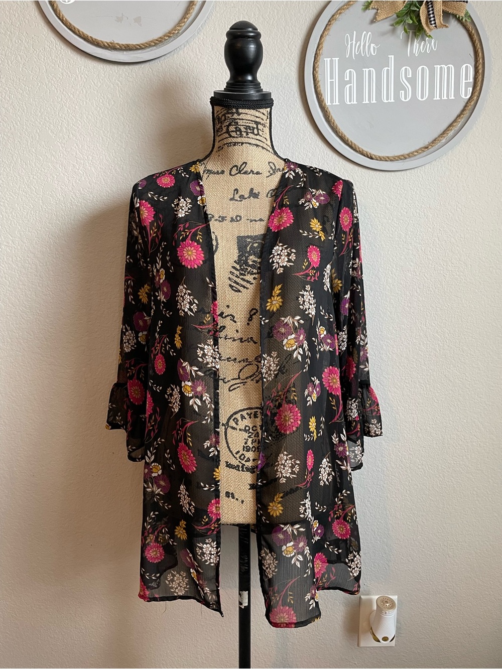 Black Floral Sheer Kimono Cardigan - Pink & Mustard Flowers
